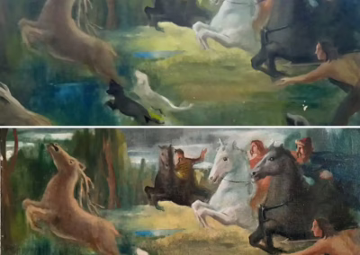 festmény restaurálás előtte-utána kép ugró ló